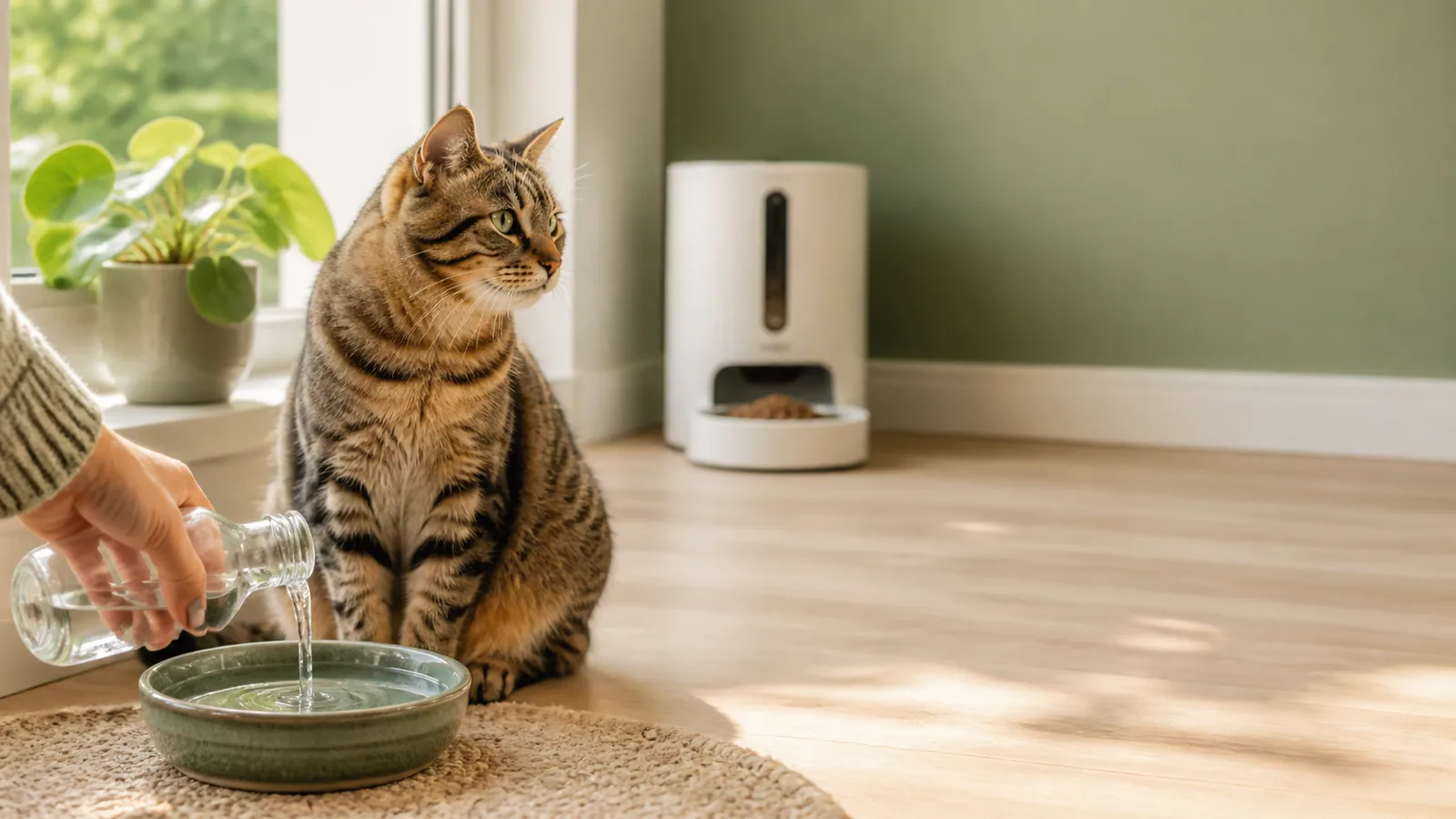 Kattenoppas die vers water inschenkt voor een kat naast een automatische voerbak