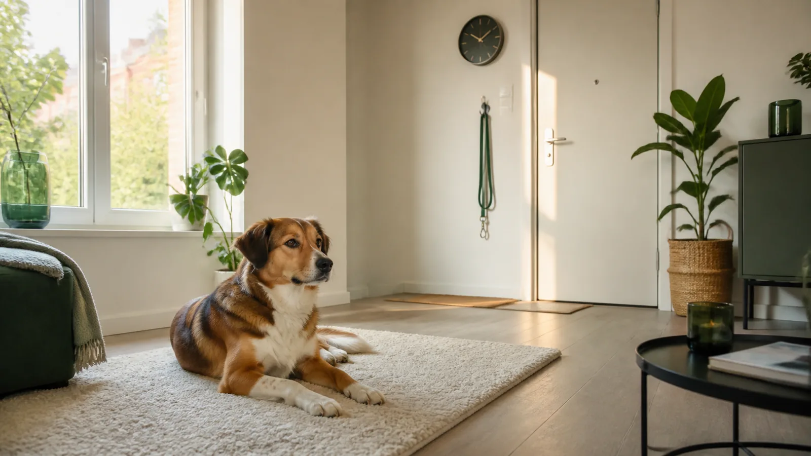 Rustige hond die alleen in een lichte Nederlandse woonkamer ligt