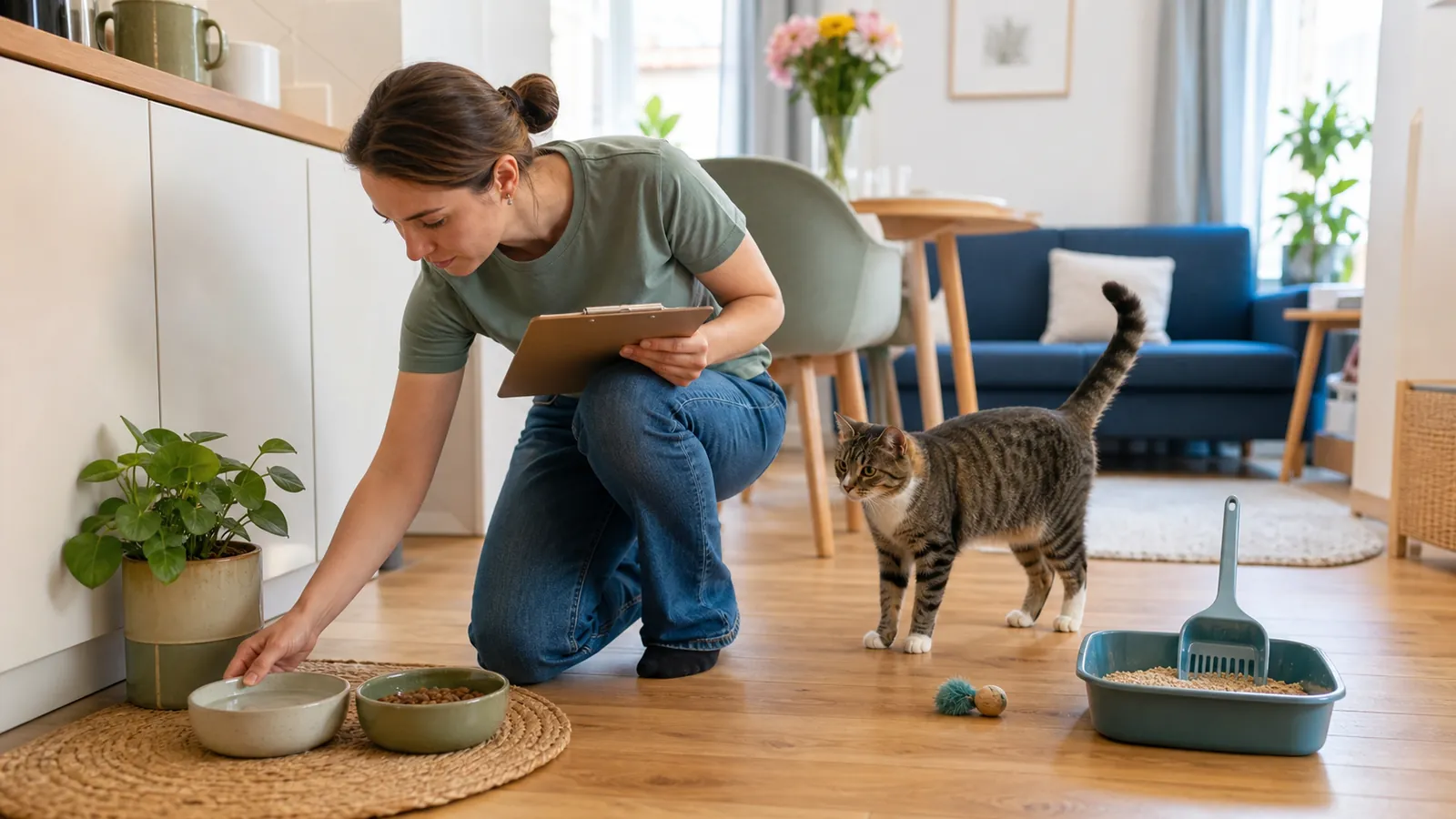 Pet sitter caring for a cat during a drop-in visit