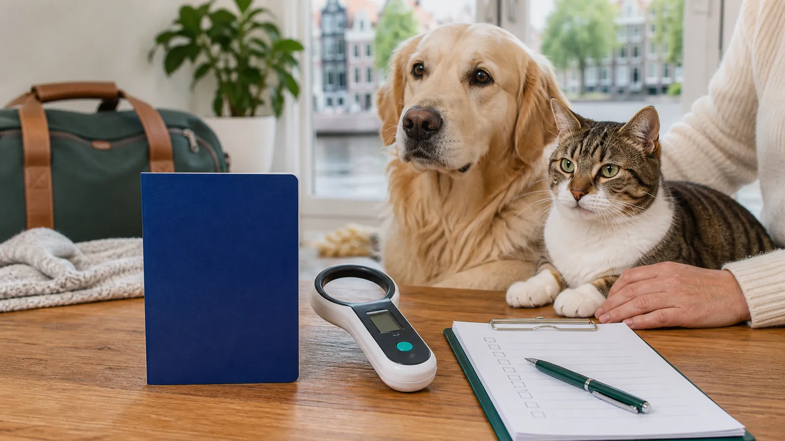 Hond en kat klaar voor reizen met gecontroleerde documenten