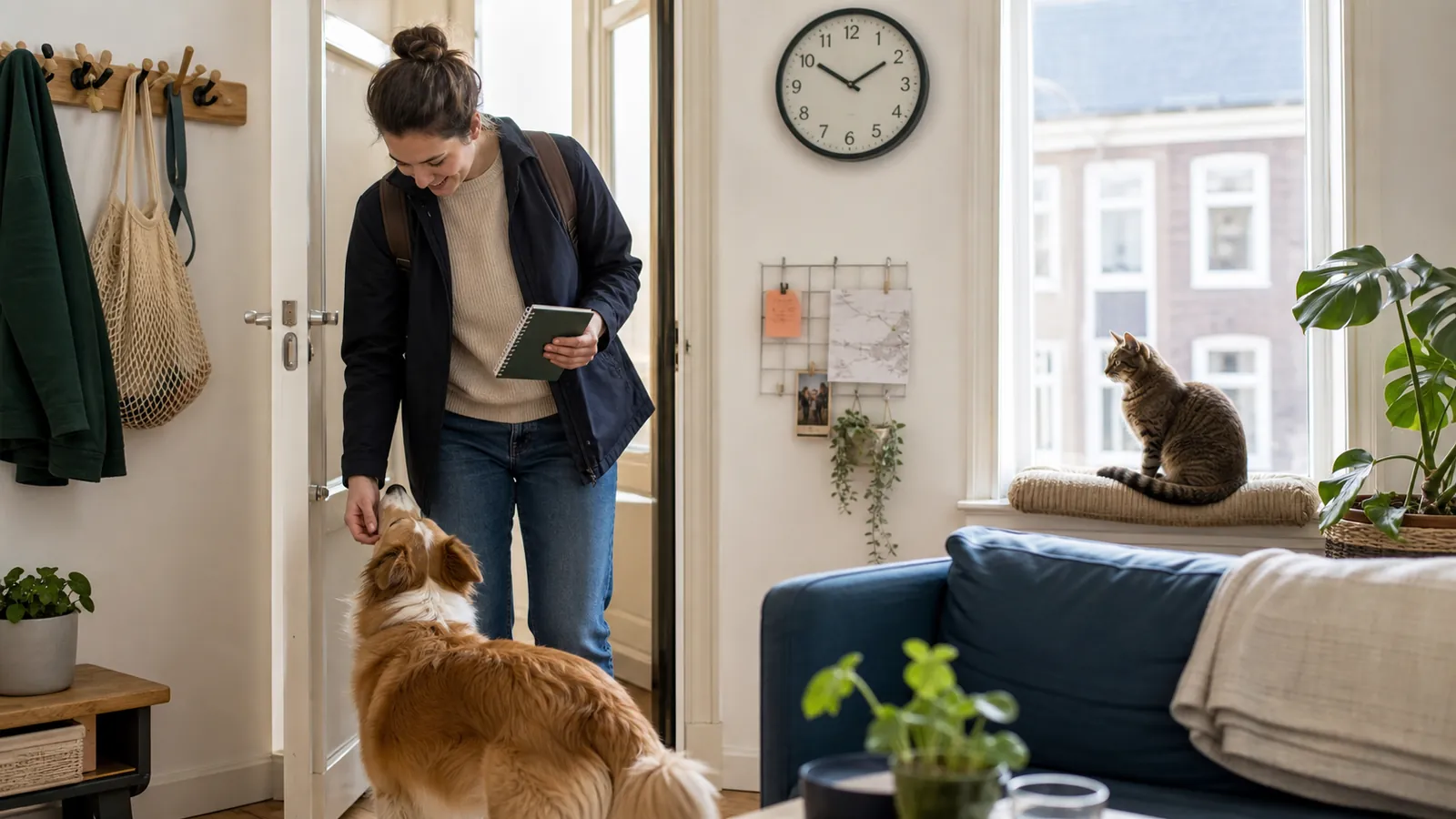 Dog and cat staying home with planned drop-in visits during a holiday