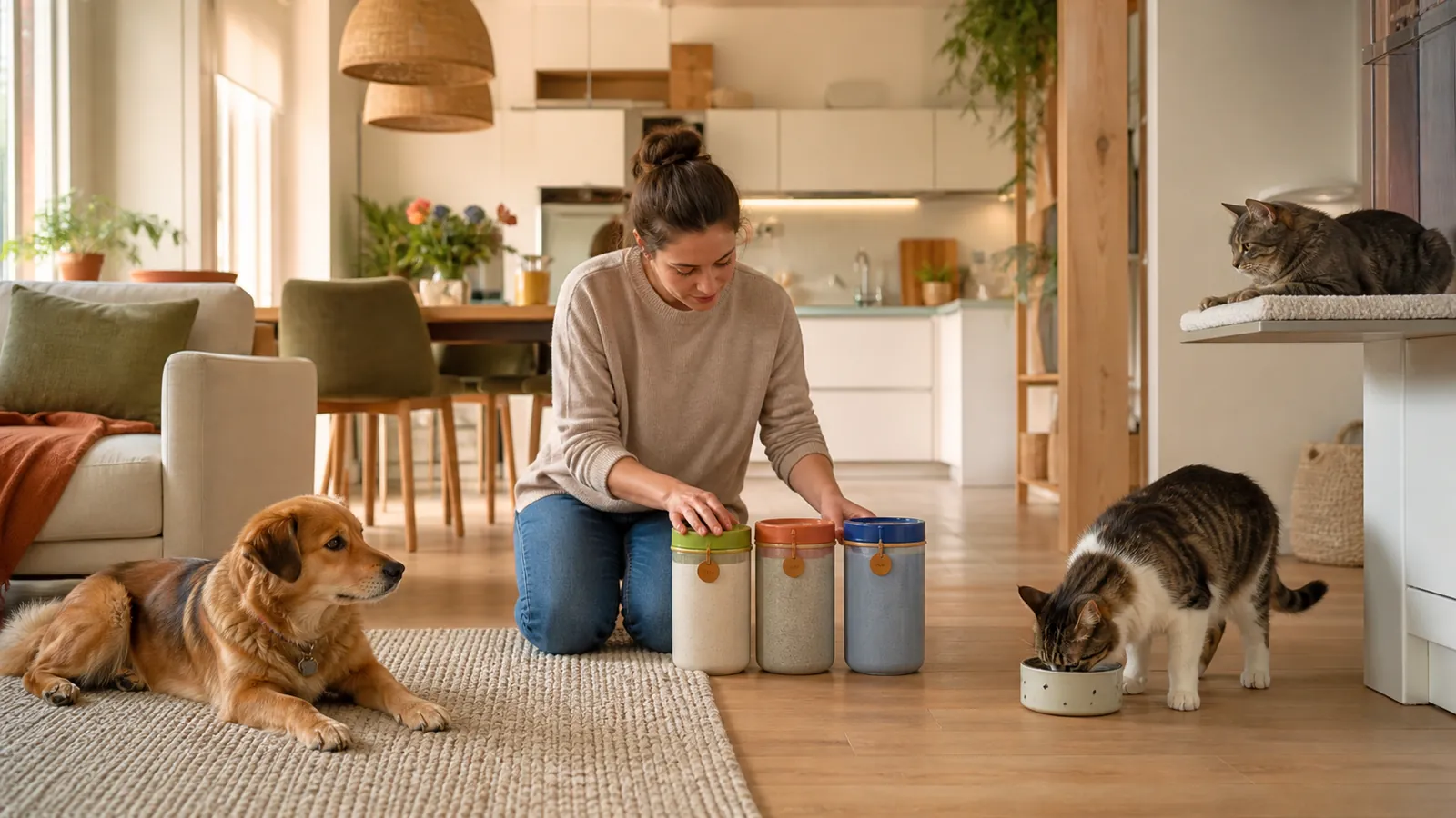 Pet sitter caring for multiple dogs and cats in one household