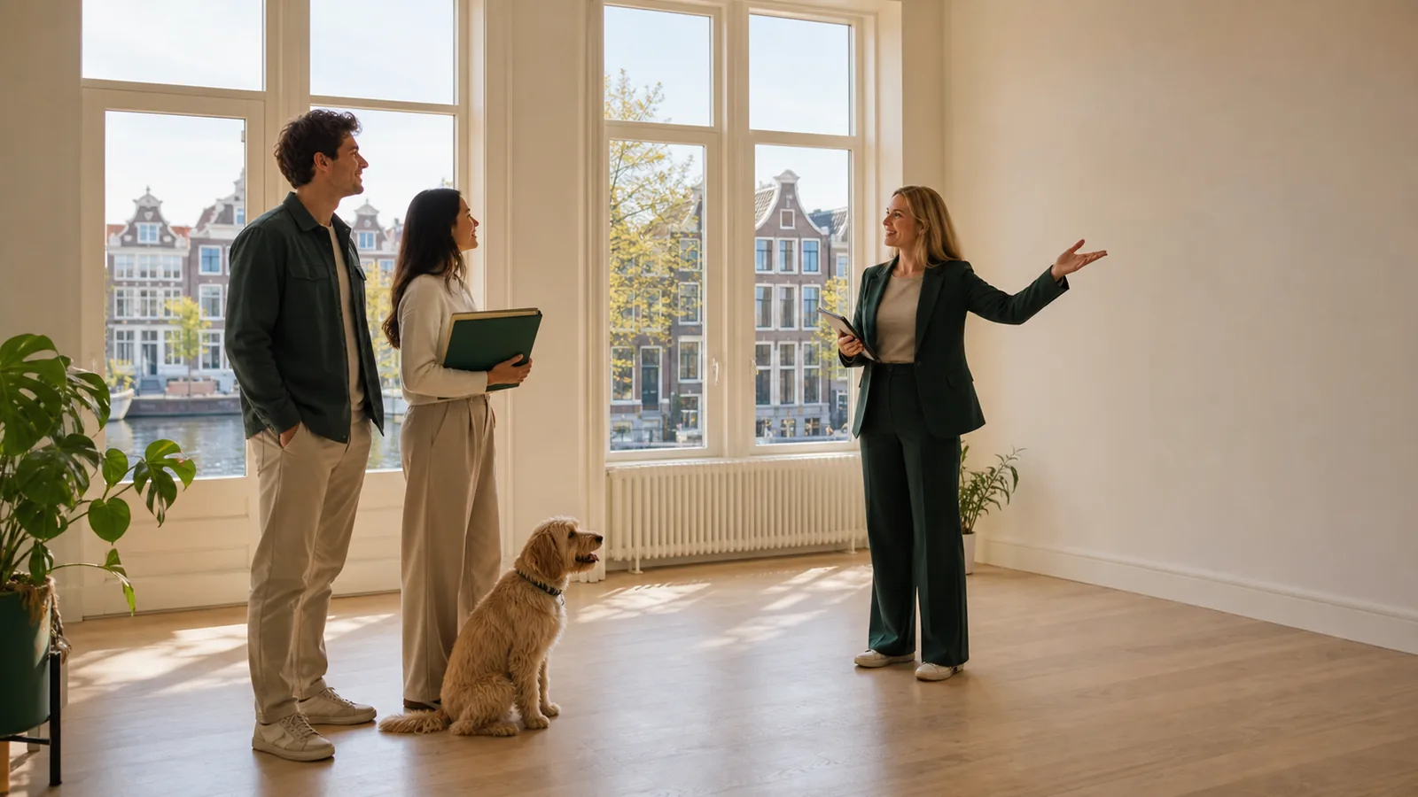 International tenants viewing a bright Amsterdam apartment with their dog