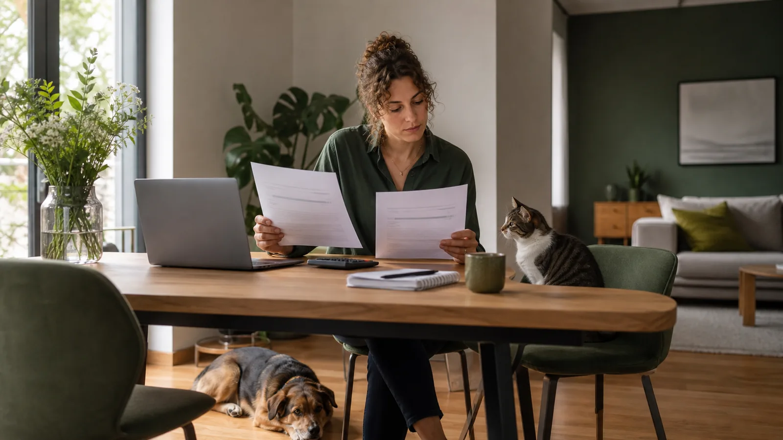 Pet owner comparing insurance documents at home with a cat and dog nearby