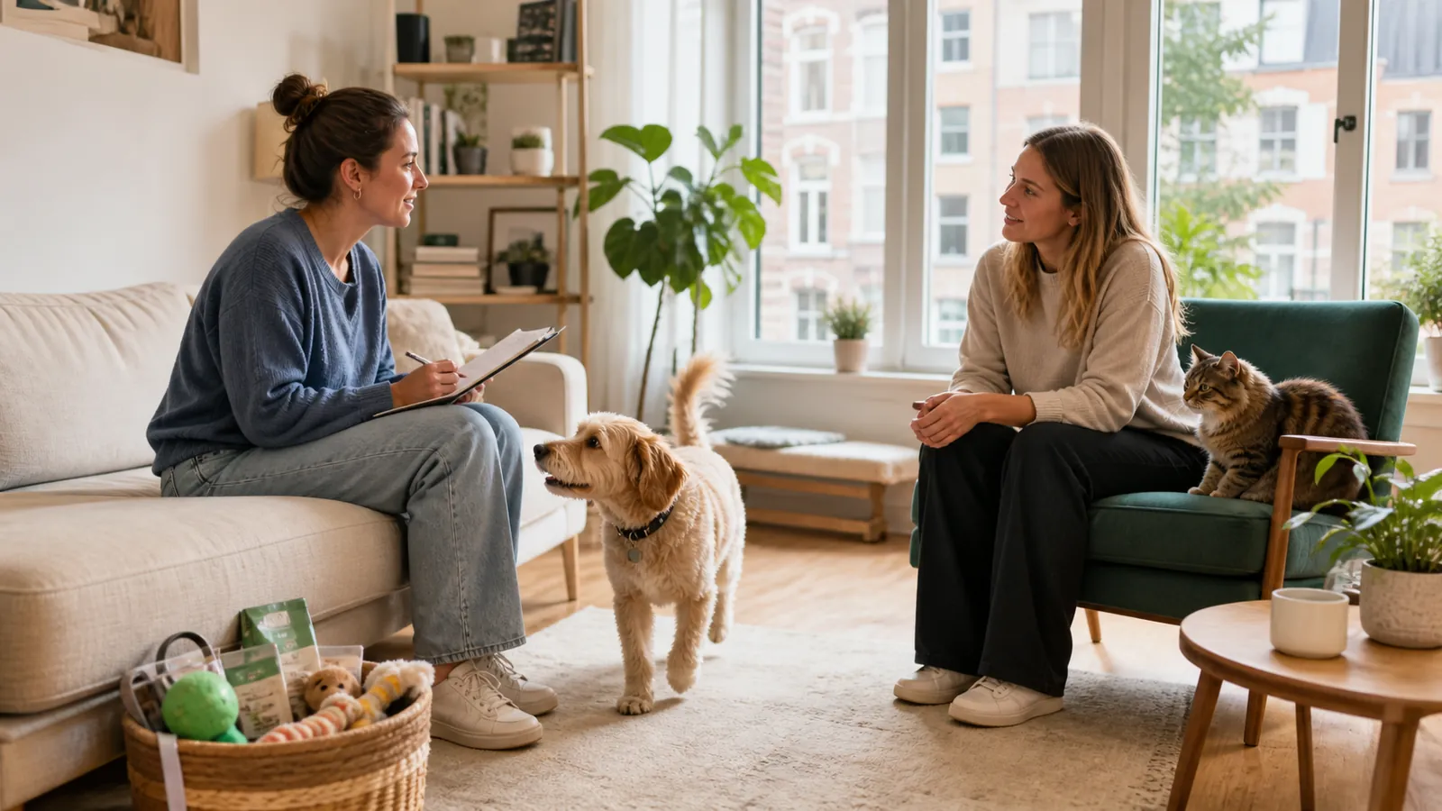 Pet owner meeting a sitter at home with a dog and cat
