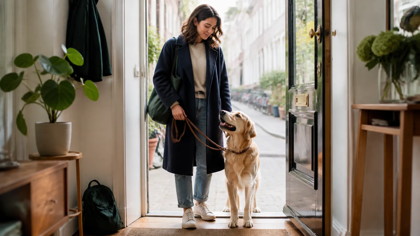 Hondenuitlater loopt met een hond in Amsterdam