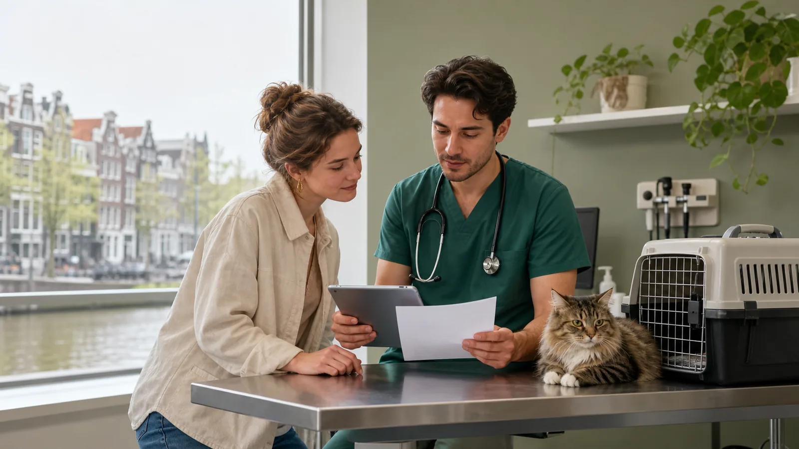 Veterinarian explaining an estimate to a cat owner in an Amsterdam clinic